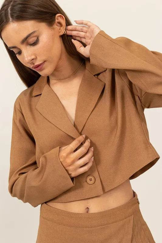 Cropped Button-Down Khaki Blazer