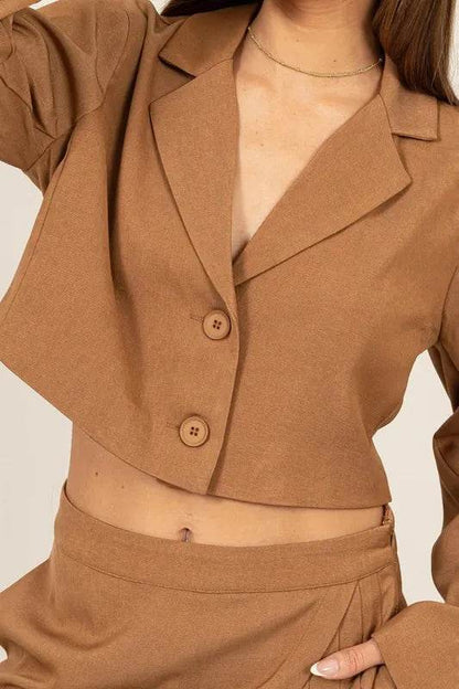 Cropped Button-Down Khaki Blazer